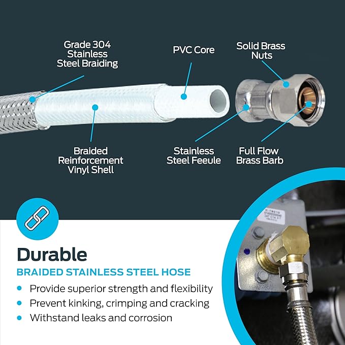 Eastman Dishwasher Installation Kit, 12 Ft Braided Stainless Steel Supply Line with Adapters, 3/8 Inch Compression Ends, 69008