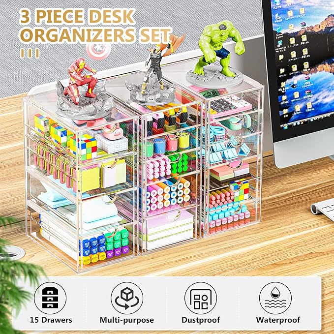 YFXCVSL 3-Pack Acrylic 15-Drawer Storage & Makeup Organizer - Image 5