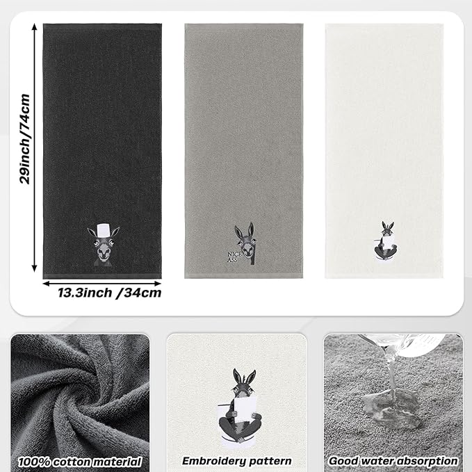 3 Pcs Donkey Hand Towels for Bathroom Kitchen Decor Gifts | Embroidered Donkey - Image 2