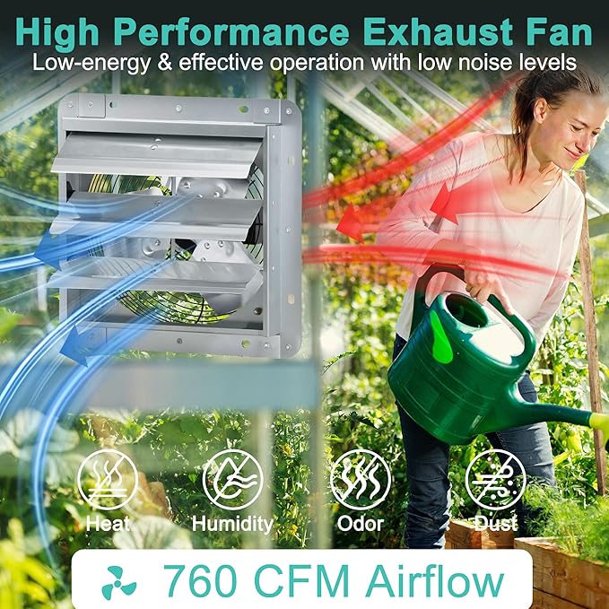 7 Inch Shutter Exhaust Fan, Wall Mount Attic Fan with Thermostat and Speed Controller for Greenhouses, Sheds, Garages, Chicken Coops, Barns Ventilation, 760 CFM