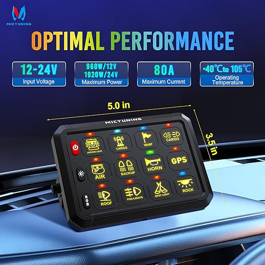 MICTUNING 12 Gang Switch Panel, P1B LED Touch Control Panel Box with Electronic Fuses Car Touch Switch Box Universal for Truck ATV UTV Boat Marine RV SUV Caravan Camper, 2 Years Warranty