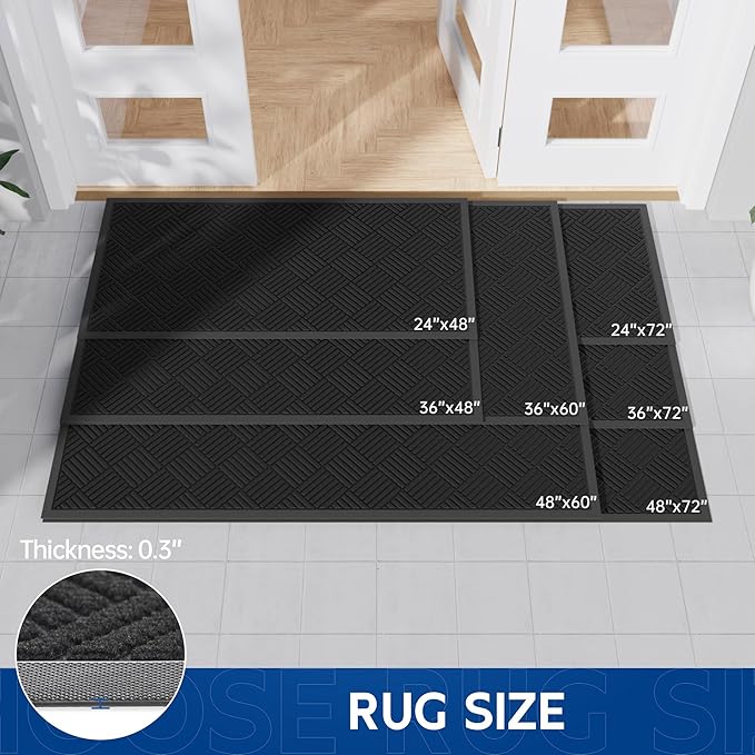 Durable Indoor Outdoor Door Mat, 3' x 6' Heavy Duty Front Door Mat for Entryway, Non-Slip Backing, Stain and Fade Resistant, Absorbent Commercial Floor Mat for High Traffic Area, Black