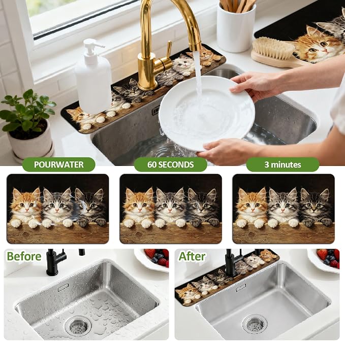 3 Pcs 2 Size Kitchen Sink Splash Guard Faucet Mat Cute Cat Pattern Faucet Mat - Image 4