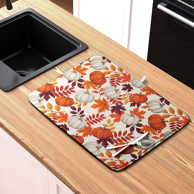 Fall Dish Drying Mat for Kitchen Counter Autumn Orange White Pumpkin Maple - Image 6