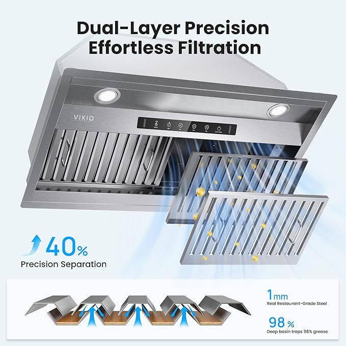 Range Hood Insert 30 Inch,Built-in Kitchen Hood with 980 CFM, Ducted/Ductless Convertible Duct,Stainless Steel Kitchen Vent Hood/Gesture/Touch Control, 2 Pcs Baffle Filters with Handlebar