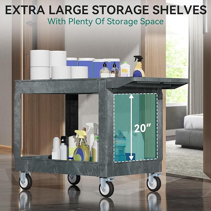 YITAHOME Utility Cart on Wheels, 550 lbs 2 Shelf Heavy Duty Rolling Carts, 45 x 25 in Plastic Service Cart Work Carts with Wheels for Warehouse Garage School & Office, Cleaning, Gray
