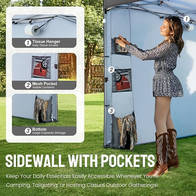 CROWN SHADES Canopy Tent 10x10 Pop Up Canopy Outdoor Shade with Pockets Sidewall, Easy Up Sun Shelter with One Person Set Up Center Lock, Portable Instant Camping Beach Canopies Tents, Grid Grey