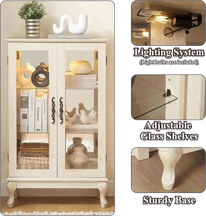43" H Lighted Curio Cabinet Display Case, Glass Curio Cabinet with Adjustable Shelves & Tempered Glass Door, Wooden Cabinets with Mirrored Back Pane for Living Room (Antique White)