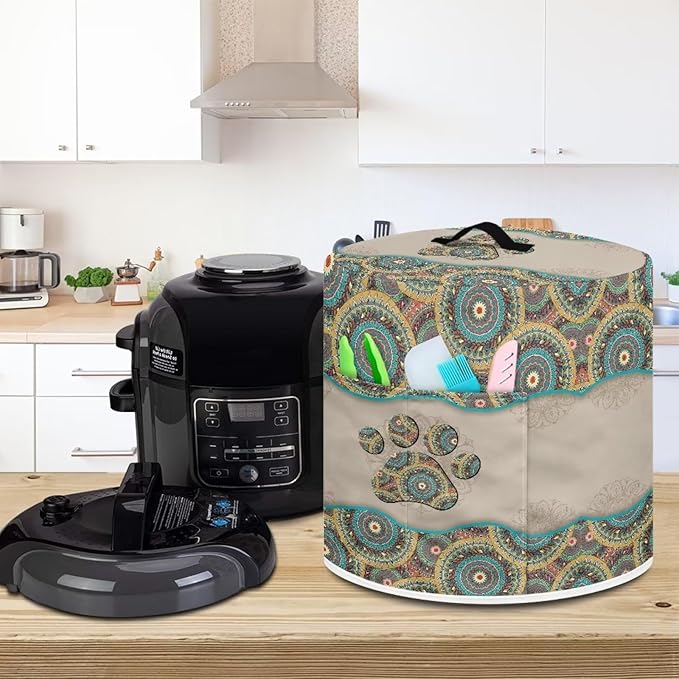 Xoenoiee Boho Mandala Dog Paw Print Kitchen Appliance Dust Cover with Pockets, Electric Pressure Cooker Cover Compatible with Rice Cooker Cover Air Fryer Cover, for 6 Quart