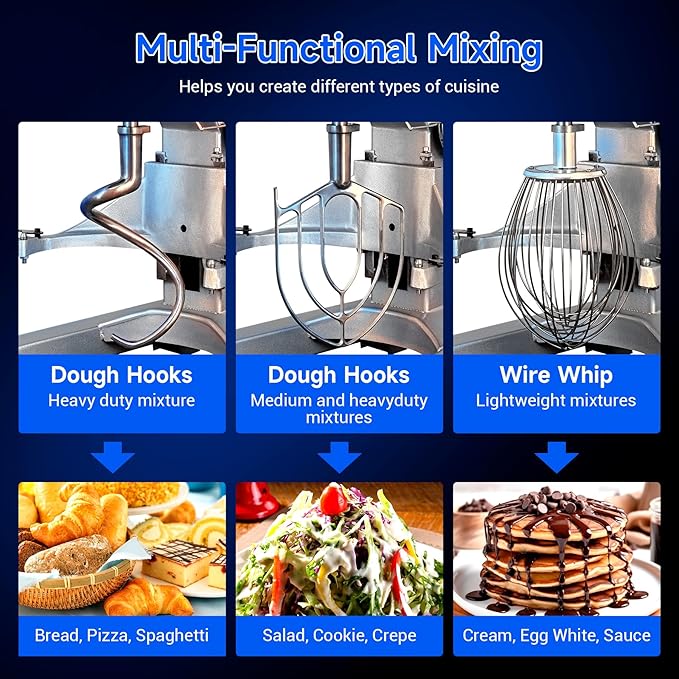Commercial Food Mixer 10Qt,500W Commercial mixer 3-Speed Adjustable with Timing Function, Industrial Dough Mixer with Stainless Steel Bowl for Bakery Pizzeria (Upgrade)