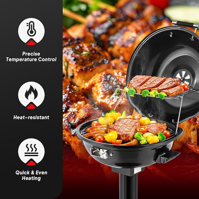 ROVSUN 1600W Vertical Electric Grill with Lid, Black 304 Stainless Steel Grill w/Detachable Pull-out Drip Tray, Double Layer Design, Portable & Removable, for Indoor and Outdoor Use