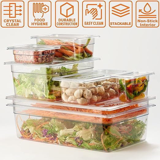 CURTA 6 Pack NSF Food Pans, Half Size 6 Inch Deep, Commercial Polycarbonate Plastic Clear Freezer-Safe