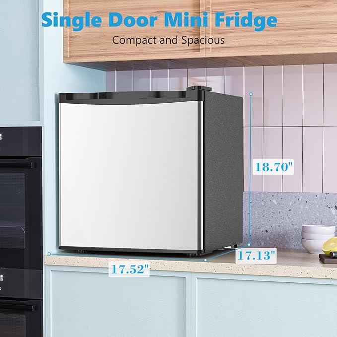 1.7 Cu.ft Mini Fridge with Freezer, Compact Refrigerator, Single Reversible Door, Ultra Quiet, Energy Efficient for Office, Dorm, Bedroom, Apartment, Silver