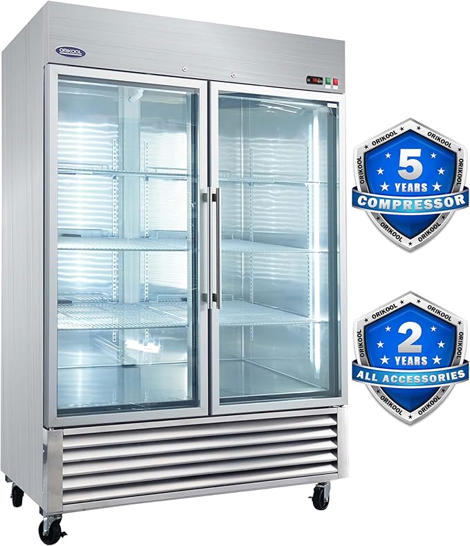 54" W Commercial Glass-Door Reach-In Refrigerator - Tempered Glass Double Door Fridge, 46 Cu.ft Capacity, 6 Adjustable Shelves, Auto Defrost, Digital thermostat control, LED Lighting
