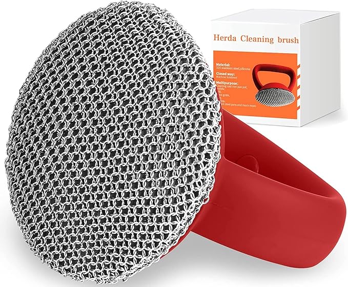 Cast Iron Cleaner Scrubber with Heavy Duty Handle, 3mm Welded Chain Mail Scrubber for Pan Pot Grill- Small Ring Chainmail Grill Scrubber Metal Scrub Sponge Skillet, Oven, Griddle, Wok Cleaning Brush