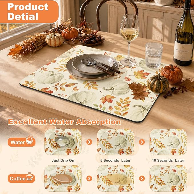 LOKHOM 12"x20" Fall Dish Drying Mat，Autumn Harvest White Pumpkin Leaves | - Image 3