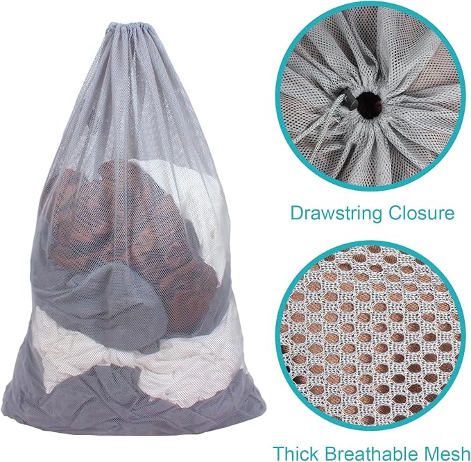 2 Pack Mesh Laundry Bags 24 x 36 Inches Drawstring Bag Grey - Image 4