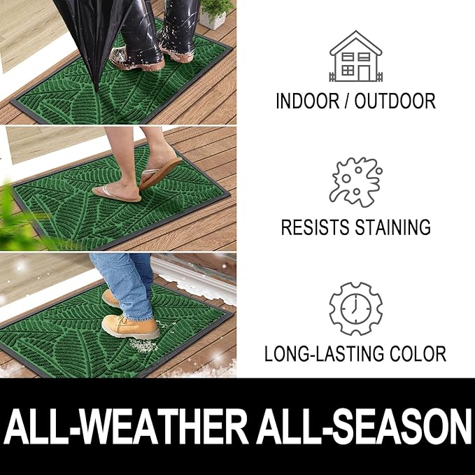 Colorxy Waterproof Doormat, Sturdy Natural Rubber Front Indoor Mat, Non Slip Low Profile Indoor Outdoor Door Mats, Stain and Fade Resistant Floor Mat, Easy Clean Patio Entrance Mat, 47''x24'', Green