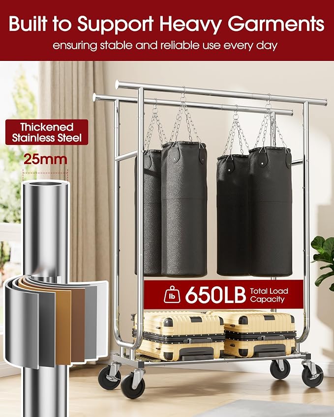 Sakugi Heavy Duty Stainless Steel Rolling Clothes Rack - Image 4