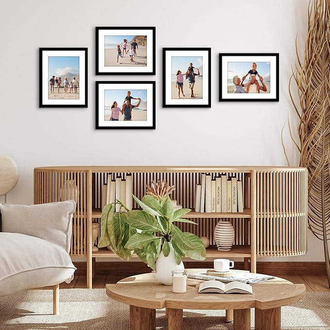 Americanflat 11x14 Picture Frame with Polished Plexiglass - Set of 5 - Use as 8x11 Frame with Mat or Display 11x14 Photo Without Mat - Galleria Collection - Picture Frames for Wall Display - Black