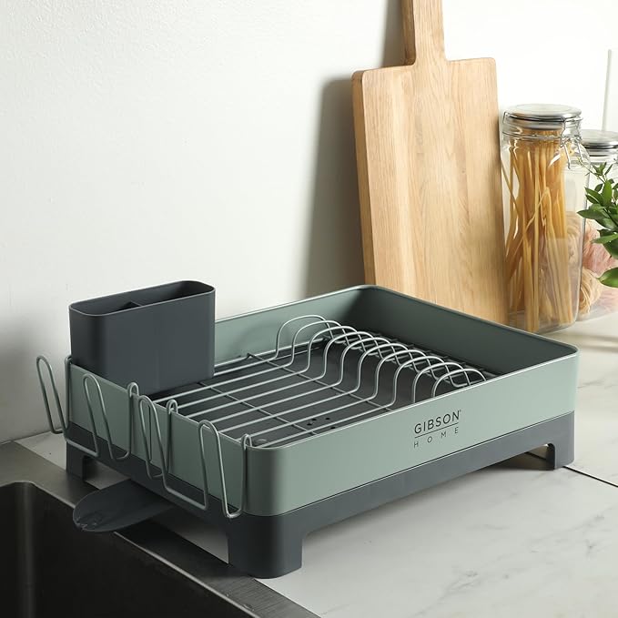 Gibson Home Nestcraft Full Size Rust Resistant Dish Rack with Drain Board and Flatware Caddy - Green