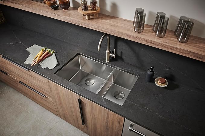 Ruvati 30-inch Low-Divide Rounded Corners Undermount Kitchen Sink - 60/40 Double Bowl Kitchen Sinks - 16 Gauge Stainless Steel Kitchen sink with Brushed Finish hides scratches - RVH7357