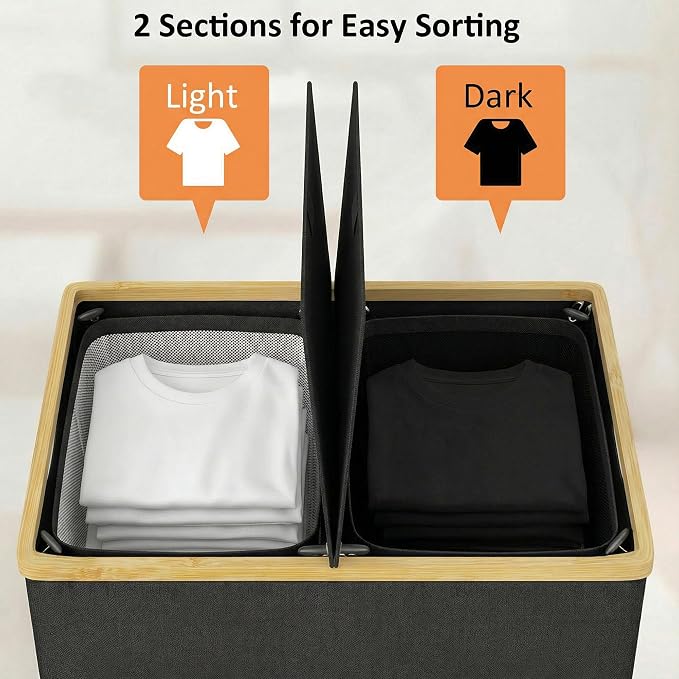 efluky Laundry Hamper with Lid, Double Laundry Basket with 2 Removable Bags - Image 3