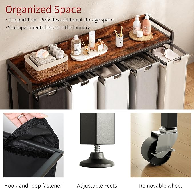 Herture Laundry Hamper with Shelf, Laundry Basket 5 Section, Laundry Sorter - Image 3