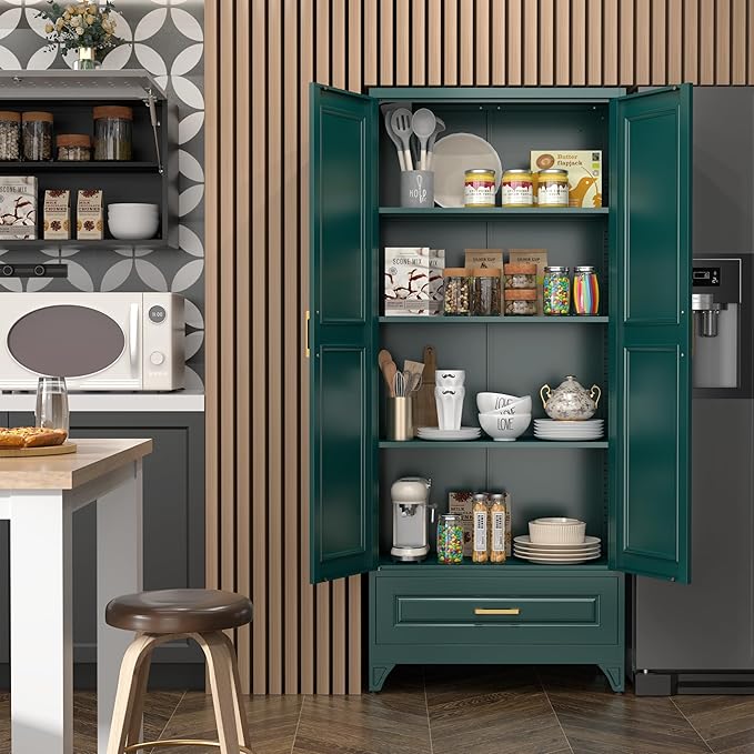 75" Kitchen Pantry Cabinet with Drawer, Metal Storage Cabinets with Doors and 4 Adjustable Shelves,Green Kitchen Cabinet with 2 Gold Handles,Food Cupboard for Livingroom,Pantry, Bathroom