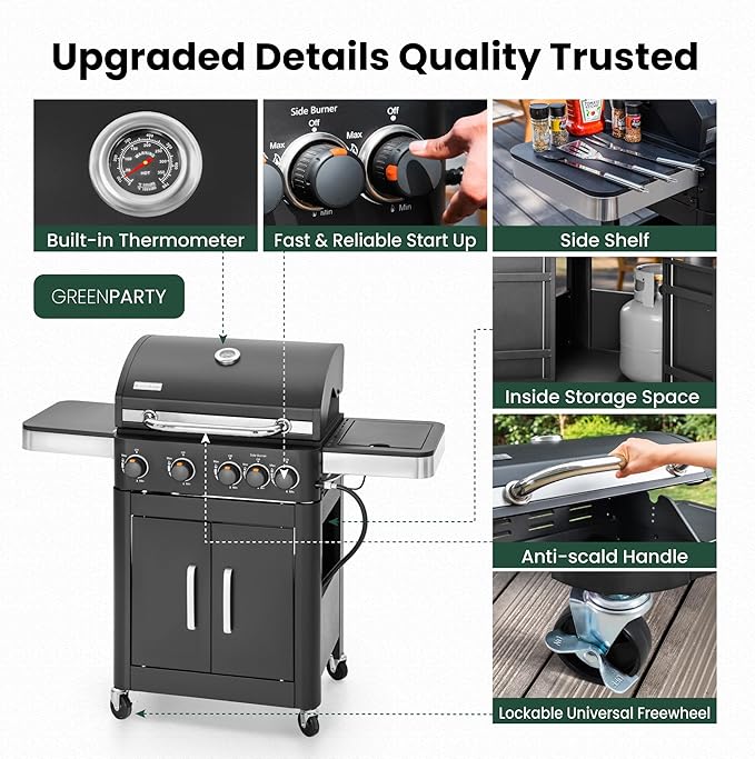 2 in 1 Propane Gas BBQ Grill with Side Burner & Porcelain-Enameled Cast Iron Grate, 4-Burner Flat Top Grill, 46,700 BTU Outdoor Barbecue Propane Griddle Grill Combo for Camping, Patio, Backyard