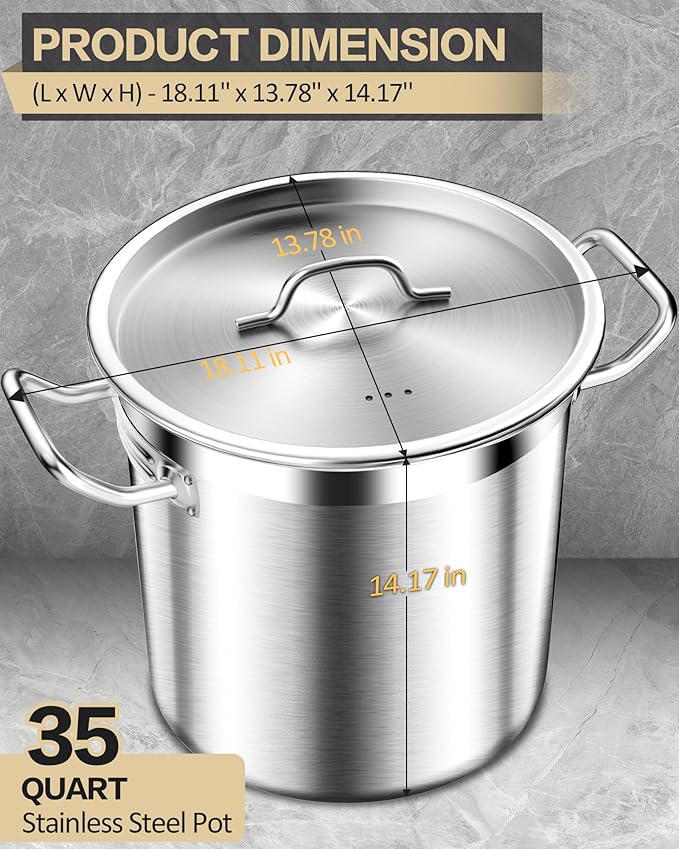 Commercial Grade Large Stock Pots - Soup Pot with Lid - Non-Nickel Stainless Steel - Healthy Cookware Polished Stockpots - Heavy Duty - 35 Quart (8.8Gallon)