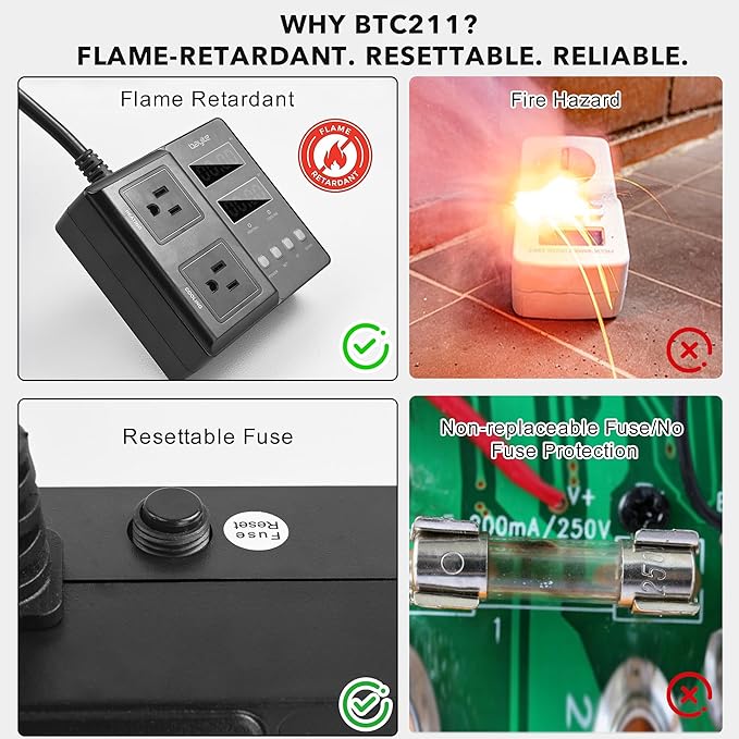bayite Temperature Controller 1650W 15A BTC211 Dual Digital Outlet Thermostat Plug, Pre-Wired, 2 Stage Heating and Cooling Mode, 110V - 240V, Fermentation BBQ Reptile Aquarium