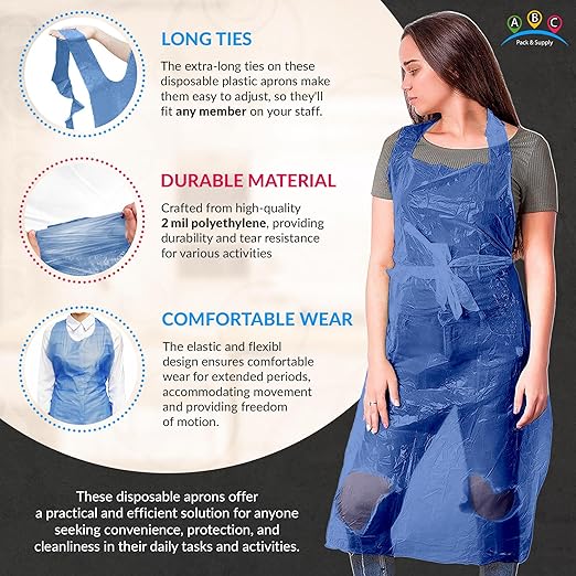 ABC PACK & SUPPLY Blue Plastic Disposable Aprons Adults for Painting, 28 x 46 Inches. Pack of 500 Disposable Plastic Aprons, 1.5 Mil. Unisex Waterproof Polyethylene Painting Apron for Food Industry