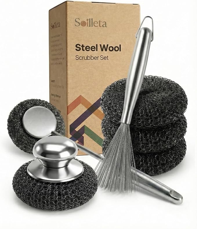 6 Pcs Stainless Steel Wool Scrubber – Heavy Duty Metal Scouring Pads for Kitchen, Cast Iron Pan & Grill – Rust Resistant, Non-Splintering,Odor Free Wire Sponges for Tough Grease & Burnt Food