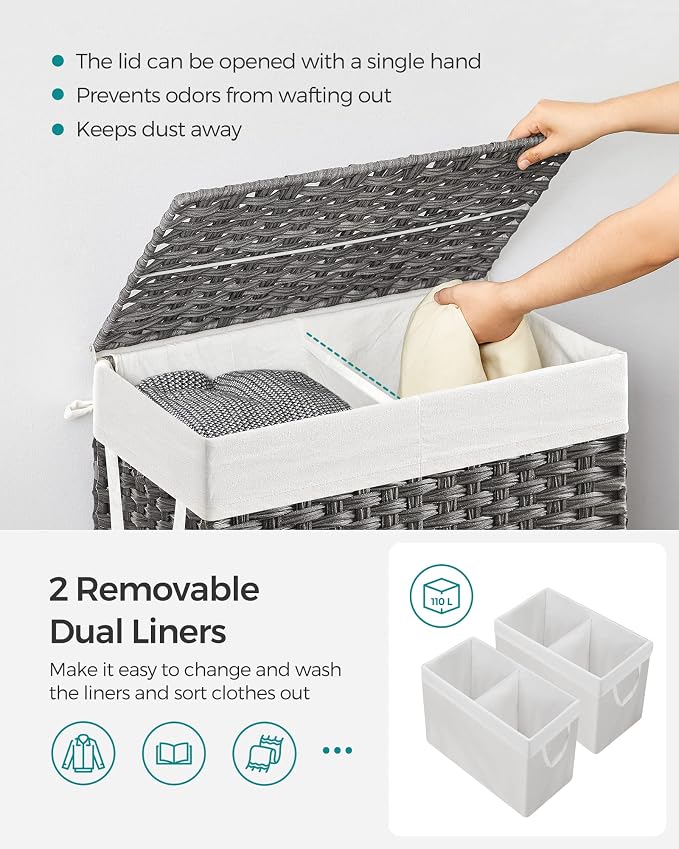 SONGMICS Laundry Hamper with Lid, 110L Double Wicker Basket, 6 Mesh Bags - Image 3