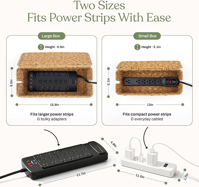 2PCS Cable Management Box Set, Handmade Rattan Cord Organizer | Large & - Image 2