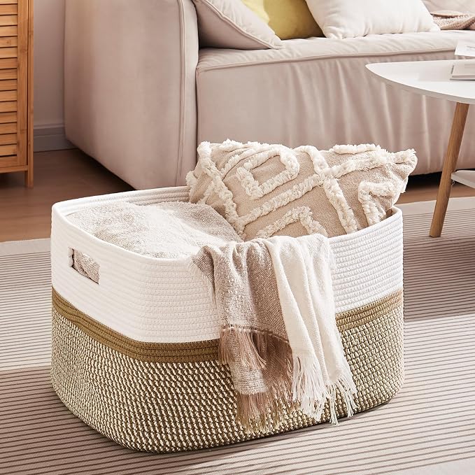 OIAHOMY Blanket Basket Laundry Basket Dog Toy Basket 75L Yellow/White - Image 4