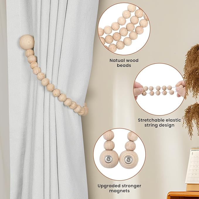 KLOGTSIND Magnetic Curtain Tiebacks, 4 Pack Wood Bead Curtain Holdbacks - Image 5