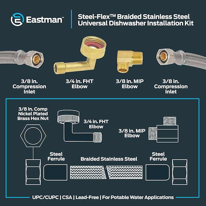 Eastman 12 Ft. Dishwasher Installation Kit, Braided Stainless Steel Supply Line with 3/8 Inch Compression Ends, 41058