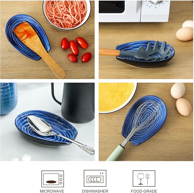 Hasense Spoon Rest for Kitchen Countertop and Stove Top, Stable Heat-resistant Spoon Holder for Home Kitchen Coffee Bar Cooking, Blue Utensil Rest for Spatula Ladles Tongs, 2 PCS