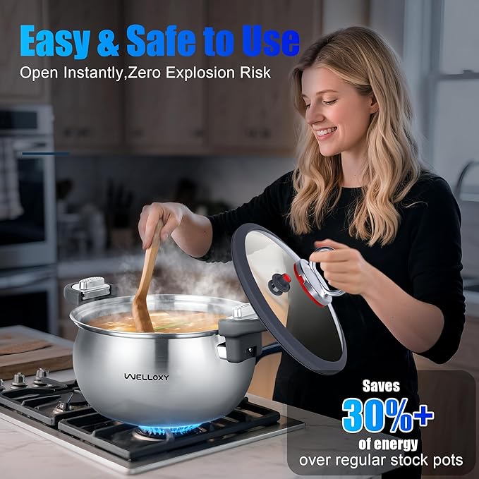 WELLOXY Tri-Ply Stainless Steel Stock Pot - 7.5Qt Heavy-Duty Stew Pots for Soup Gumbo Pasta with Tight-Fittng Lid for Faster Cooking, Healthy Kitchen Cookware on Induction & Gas Stovetop