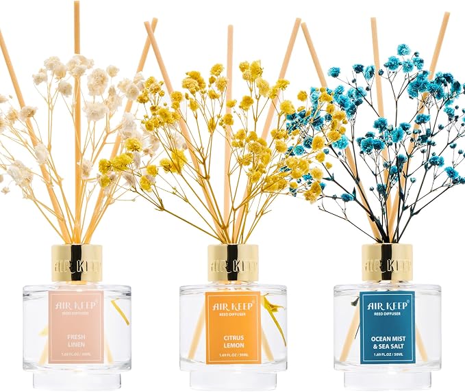 Reed Diffuser Set of 3, Fresh Linen Ocean Mist&Sea Salt Citrus Lemon Oil Reed by Airkeep