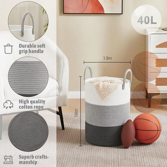 Artfeel Laundry Basket, Woven Cotton Rope Laundry Hamper, 40L - Image 6