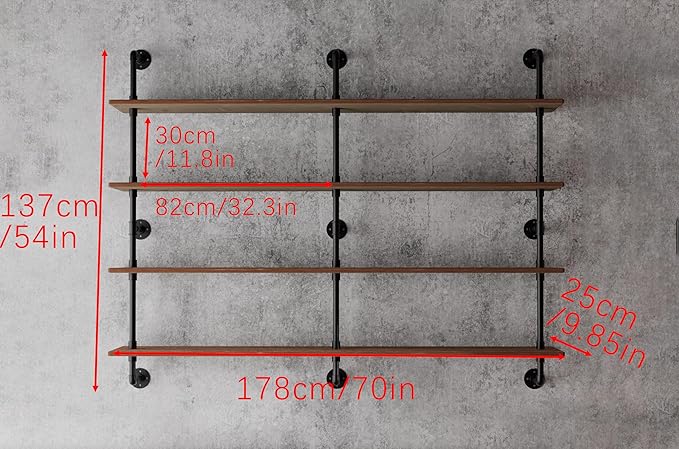 Floating Book Shelves for Wall 4 Tier 70 inch Bookshelf Industrial Pipe Shelving Shelves Bookcase Industrial Bookshelves Pipe Shelf Wood Wall Shelf for Living Room