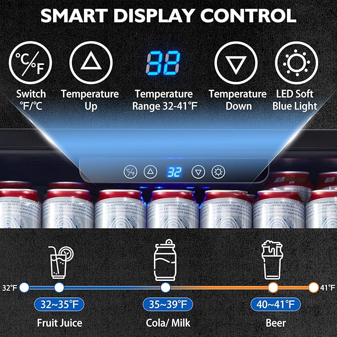 Kalamera 24 inch Stainless Steel Beverage Refrigerator, Under Counter Beverage Cooler for 154 Cans with 32-41℉ Temperature Range - Soda and Beer Refrigerator with Soild Stainless Door
