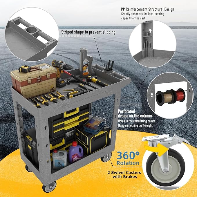 2-Shelf Heavy Duty Utility Cart with Wheels, 34 x 17-Inch Plastic Rolling Tool Cart, 550 lbs Capacity Mechanic Work Cart for Garage,Warehouse,Workshop