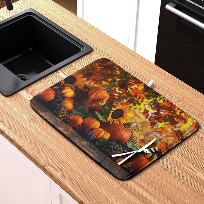 Fall Dish Drying Mat Autumn Harvest Pumpkin Maple Leaf Sunflower Drying Mats - Image 6