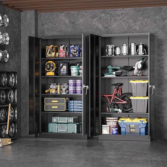 Greenvelly 72" H Metal Storage Cabinet, 36" W x 18" D Black Locking Metal Cabinet Garage Storage Cabinet with Doors and 4 Adjustable Shelves, Lockable Steel Cabinets for Home Office, Garage, School