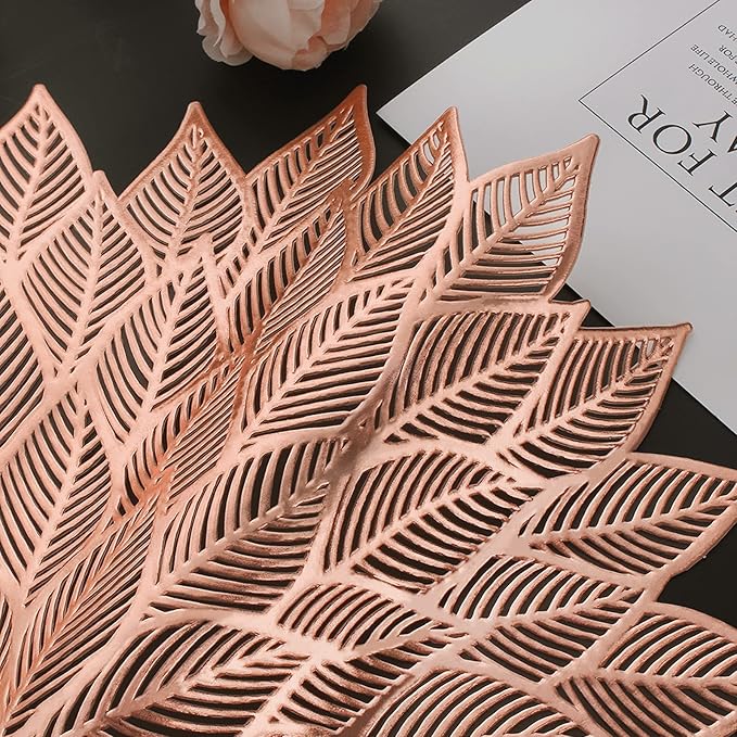 Placemats Set of 6, Round Hollow Out Flowers Place Mats for Dining Table Pressed Vinyl Blooming Leaf Table Mats for Holiday Party Wedding Accent Centerpiece Dinner Table Decoration (Rose Gold)