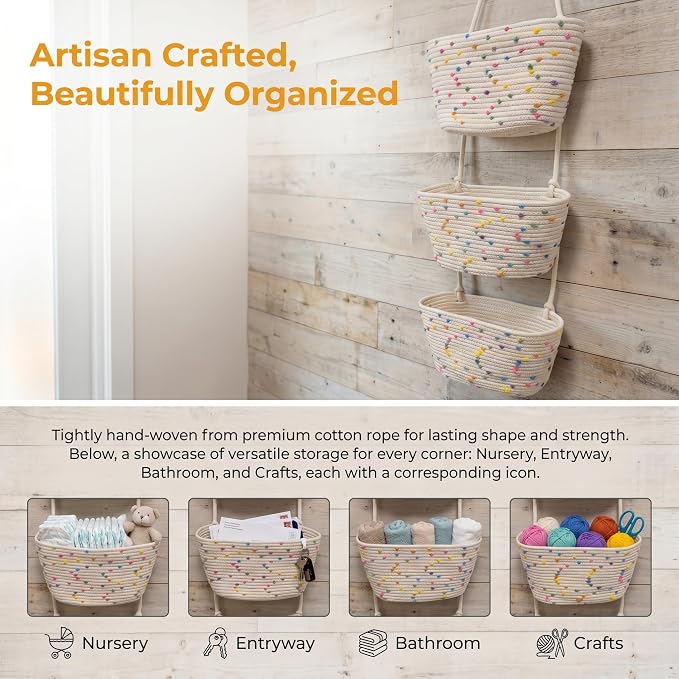 Hanging Basket, Over Door Organizer, 3 -Tier Wall Basket - Image 2